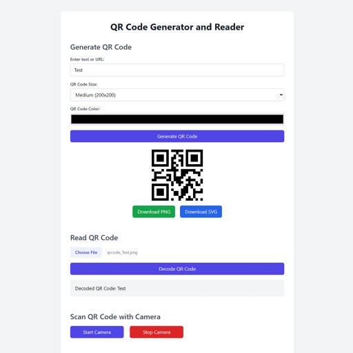 QR Code Generator with Download as SVG and PNG and Reader from File or Camera